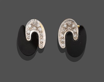 Lot 2237 - A Pair of 18 Carat Gold Diamond and Onyx Earrings, formed of two interlocking 'C' motifs, one...