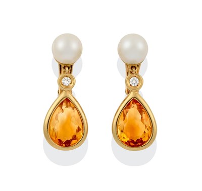 Lot 2245 - A Pair of Citrine and Cultured Pearl Drop Earrings, an eight-cut diamond suspends a pear cut...