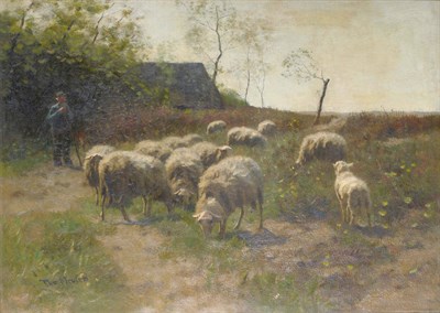 Lot 966 - Frans Pieter Ter Meulen (1843-1927) Dutch Shepherd and sheep beside a barn Signed, oil on...