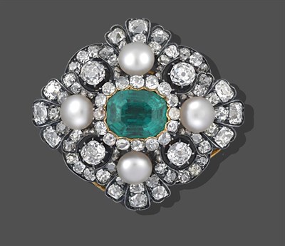 Lot 2282 - An Emerald, Pearl and Diamond Brooch, the emerald-cut emerald within a border of cushion cut...