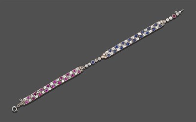 Lot 2283 - A Sapphire, Ruby and Diamond Bracelet, one section composed of alternating old cut diamonds and...