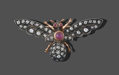 Lot 2288 - A Ruby and Diamond Brooch, realistically modelled as an insect, with a cabochon ruby body and eyes
