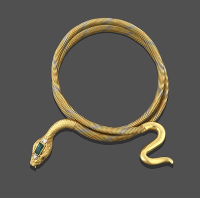 Lot 2293 - A Victorian Snake Bangle, the tri-colour mesh body terminates to a yellow engraved head and...