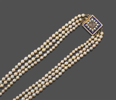 Lot 2295 - A Three Row Pearl Necklace, the graduated 99:89:96 pearls strung to a square clasp with a...