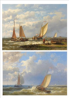 Lot 968 - Abraham Hulk Snr (1813-1897) Dutch Figures and fishing boats in a Dutch estuary; Fishing boats in a