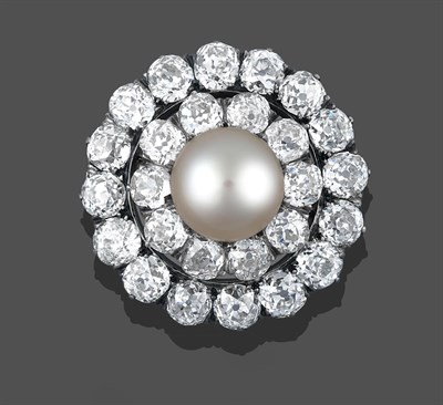 Lot 2305 - A Cultured Pearl and Diamond Brooch, the central cultured pearl within a double border of old...