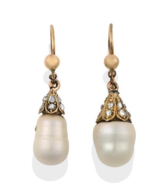 Lot 2314 - A Pair of Freshwater Pearl and Diamond Drop Earrings, each freshwater truncated pearl drop...