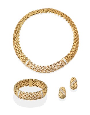 Lot 2321 - A Diamond Necklace, Bracelet and Earring Suite, by Tiffany & Co., the yellow plain polished lattice