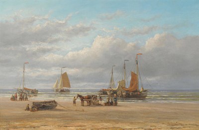 Lot 970 - Attributed to Hendrik Hulk (1842-1937) Dutch "Unloading the Catch, Zaandvoort, Holland" Bears a...