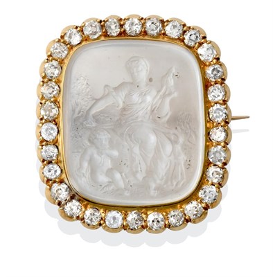 Lot 2328 - A Moonstone and Diamond Intaglio Brooch, the moonstone carved to depict Venus and The Infant...