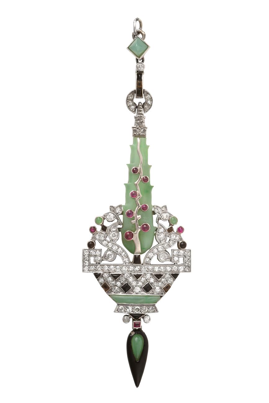 Lot 2329 - An Art Deco Jade, Diamond, Ruby and Onyx Pendant, Lang, Paris, circa 1925, of geometric giardinetto