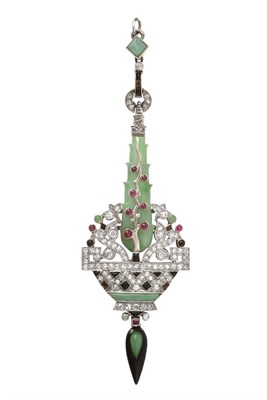 Lot 2329 - An Art Deco Jade, Diamond, Ruby and Onyx Pendant, Lang, Paris, circa 1925, of geometric giardinetto