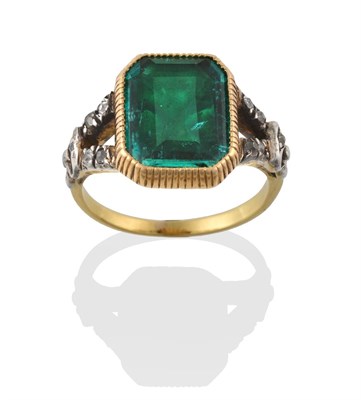 Lot 2332 - A Georgian Emerald and Diamond Ring, the emerald-cut emerald in a yellow millegrain setting, to...