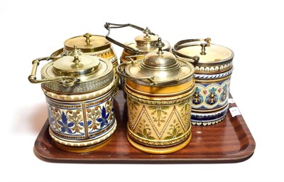 Lot 2 - Mettlach biscuit barrels and covers with traditional decoration, painted mounts and lids, including