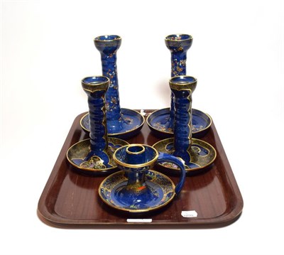 Lot 4 - Carlton ware blue ground chinoiserie pattern lustre wares comprising two pairs of candlesticks...