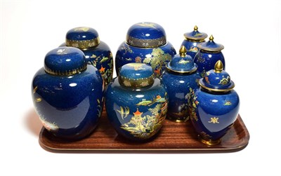 Lot 5 - Carlton ware blue ground chinoiserie pattern lustre wares comprising four various ginger jars...