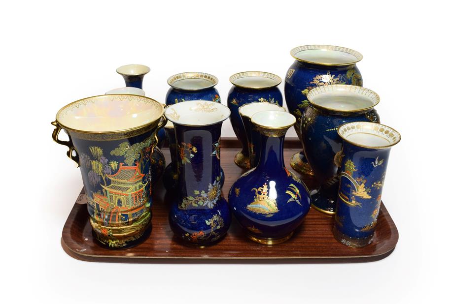 Lot 7 - Carlton ware blue ground chinoiserie pattern lustre wares comprising various vases (12)