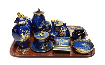 Lot 13 - Carlton ware blue ground chinoiserie pattern lustre wares including a selection of small vases,...