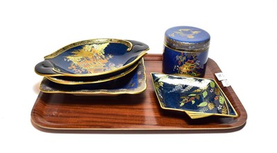 Lot 14 - Carlton ware blue ground chinoiserie pattern lustre wares including four various dishes, the...