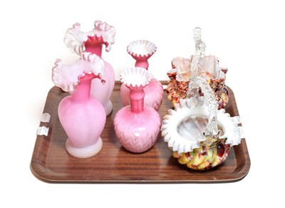 Lot 33 - Two pairs of 19th century pink satin glass vases and a pair of coloured Nailsea glass baskets