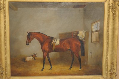 Lot 975 - Attributed to John Christopher Bell (fl.1846-1869) Racehorse in a loose box, a goat nearby...