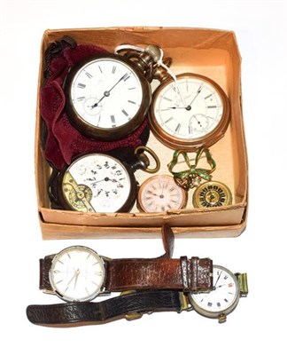 Lot 49 - A collection of watches including two gun-metal pocket watches, two fob watches, one with a...