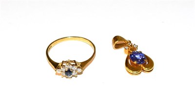 Lot 55 - A tanzanite and diamond pendant, stamped 'K18', length 2.4cm; and an 18 carat gold sapphire and...