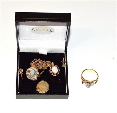 Lot 58 - A contemporary opal doublet ring, finger size S and earring suite, stamped '375'; an opal...