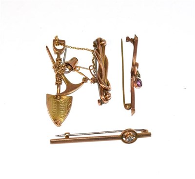 Lot 61 - A South African mining brooch, stamped '9CT', two gem set brooches, stamped '9CT' and another...
