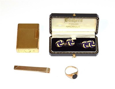Lot 67 - A 9 carat gold money clip, a 9 carat gold onyx signet ring, out of shape, a pair of silver and...