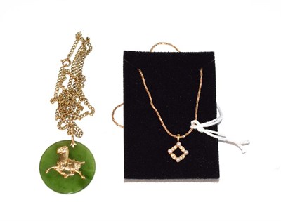 Lot 81 - An 18 carat gold cultured pearl and diamond pendant on chain, chain length 41cm; and a jade pendant