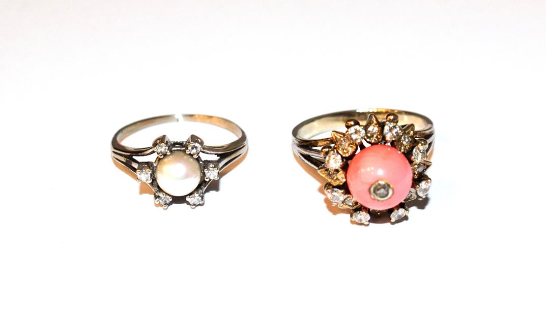 Lot 88 - A diamond and cultured pearl cluster ring, unmarked, finger size M1/2; and a coral and diamond...