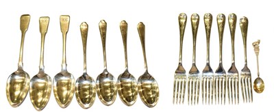 Lot 127 - Three George III silver table-spoons and four George V silver table-spoons, by Walker and Hall,...