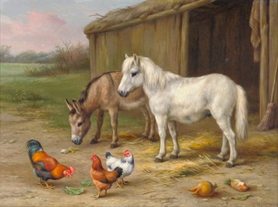 Lot 987 - Edgar Hunt (1876-1953) Farmyard scene with a pony, donkey and chickens Signed and dated 1929,...