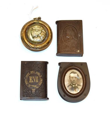 Lot 158 - Three Vulcanite vesta-cases, two book shaped, one with the bust of Queen Victoria and the other...