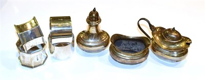 Lot 175 - A collection of assorted silver, comprising: a three piece condiment set and two pairs of...
