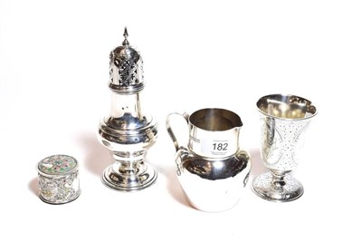 Lot 182 - Four silver items, including an Edward VII silver caster, by Herbert Edward Barker & Frank...