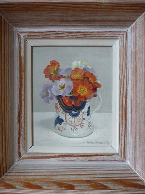 Lot 990 - Audrey Johnson (1918-2010) "Primulas" Signed and dated 1972, inscribed verso, oil on board, 15cm by