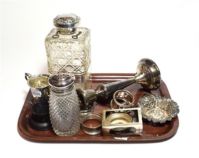 Lot 192 - A collection of assorted silver, including: a silver-mounted cut-glass tantatus decanter of...