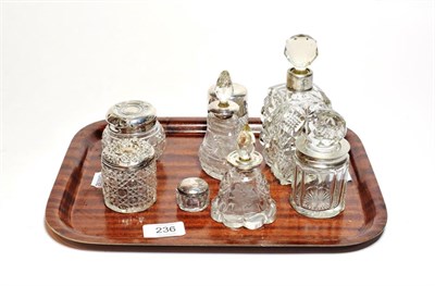 Lot 236 - Eight various silver mounted cut jars scent-bottles and dressing-table jars, variously...