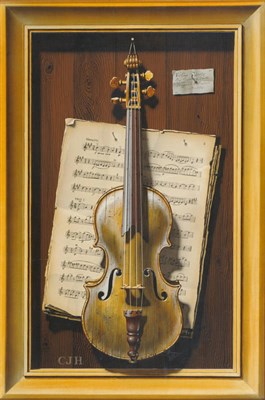 Lot 995 - Christopher John Harrison RA (b.1945) Tromp-l'oiel: Still life of a violin and a sheet of music...