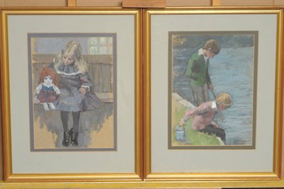 Lot 997 - Tom Durkin (1928-1990) Three boys beside a river fishing;  A girl seated on a bench, with a...