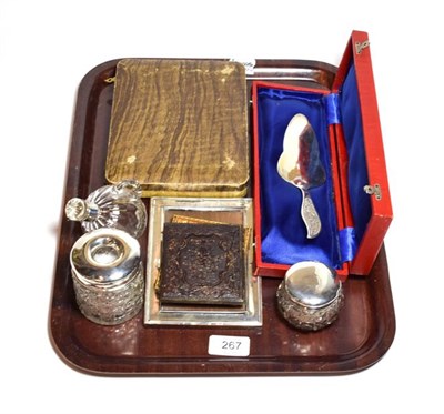 Lot 267 - A collection of assorted silver and other items, including two silver-mounted cut-glass...