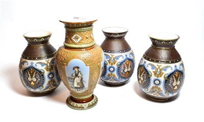 Lot 292 - Mettlach, three matched floral and scroll decorated vases, and another Mettlach vase with...
