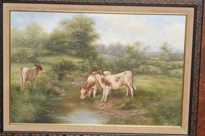 Lot 1001 - Carl Andrew Whitfield (b.1958) Calves beside a stream Signed, oil on canvas laid down, 30.5cm...