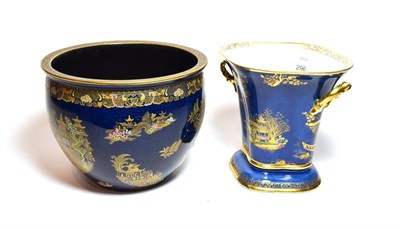 Lot 296 - Carlton ware blue ground chinoiserie pattern lustre comprising a jardiniere and a twin handled...