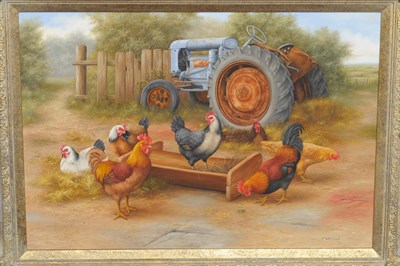 Lot 1002 - Carl Andrew Whitfield (b.1958)  Farmyard scene with chickens Signed, oil on panel, 23cm by 49cm