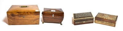 Lot 305 - A Regency rosewood inlaid two division sarcophagus shaped tea caddy, together with two Eastern...