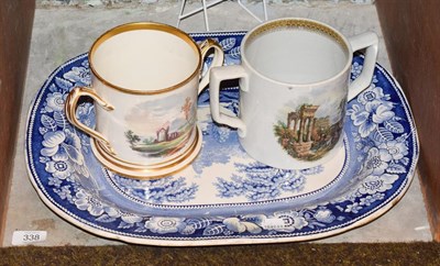 Lot 338 - Early 19th century gilt loving cup, another loving cup and a pearl ware meat plate