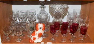 Lot 343 - A large cut glass pedestal bowl, decanter and stopper, various wine glasses and seven cranberry...